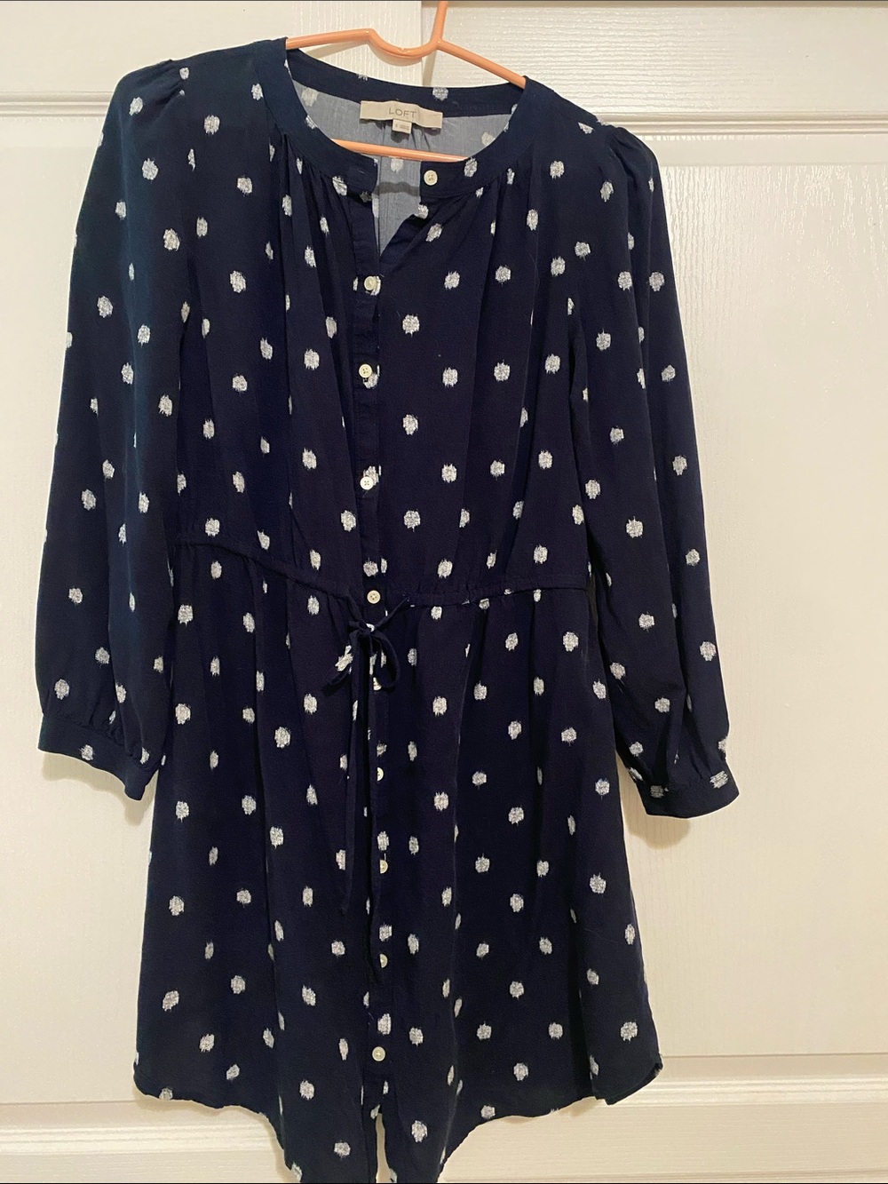 LOFT Navy and White Polka Dot Long-Sleeve Button Dress